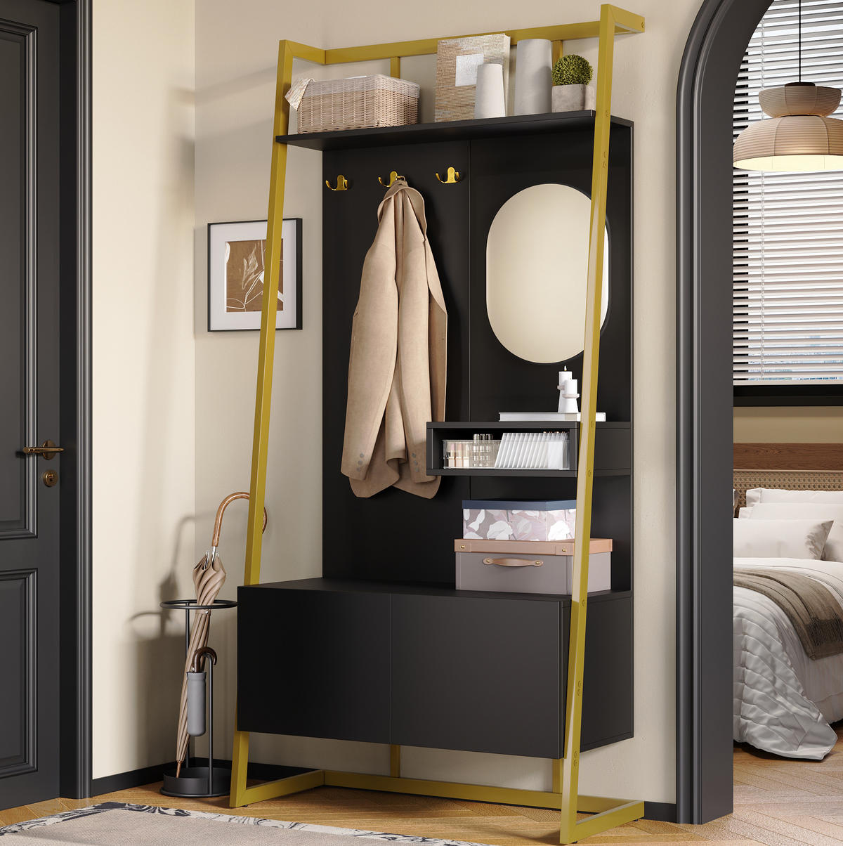 GARDEROBE 78/180,5/38,5 cm Schwarz aus Spanplatten und Metall mit Spiegel - Schwarz, Holzwerkstoff (38.5/180.5/78cm) - OKMYHOME