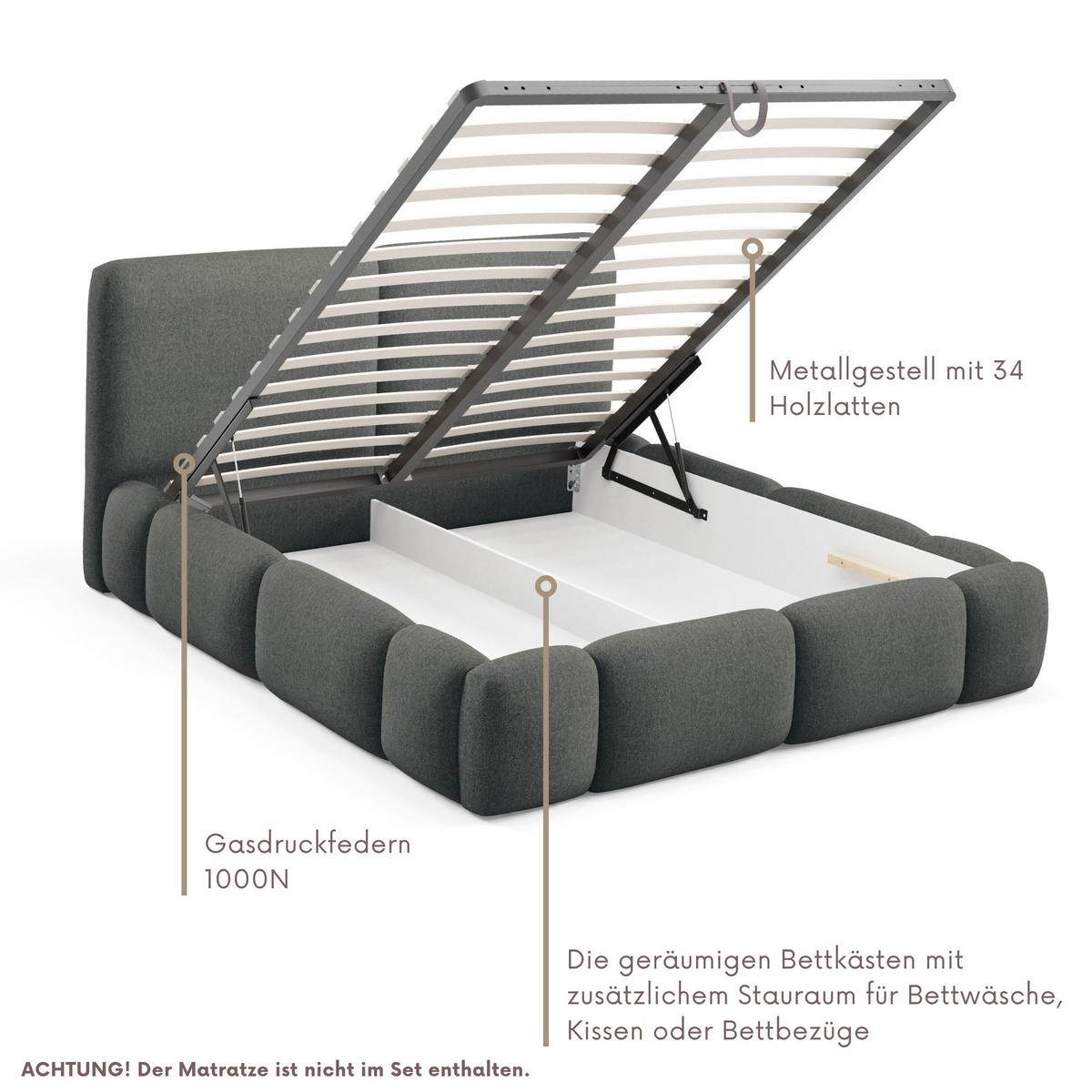 POLSTERBETT ARDELLO mit Beinen mit Bettkasten,Bett 160x200,Doppelbett,Lattenrost,Boxspringbett-Optik,ohne Matratze,Schlafzimmer-Weiß - Dunkelgrau, Holz (180/200cm) - Furnistar