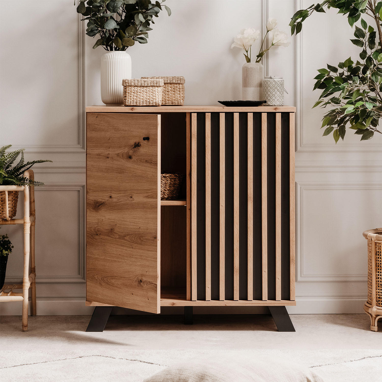 SIDEBOARD 80/85/40 cm Eiche, Schwarz - Braun, Holz (80/85/40cm) - Homestyle4u