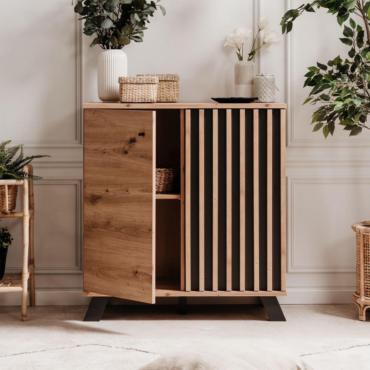 SIDEBOARD 80/85/40 cm Eiche, Schwarz - Braun, Holz (80/85/40cm) - Homestyle4u