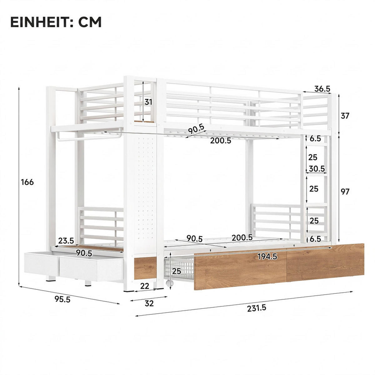 ETAGENBETT 90/200 cm Weiß mit 4 Schubladen, LED-Lichtleiste und Kleiderstange - Weiß, Metall (90/200cm) - Oxeza