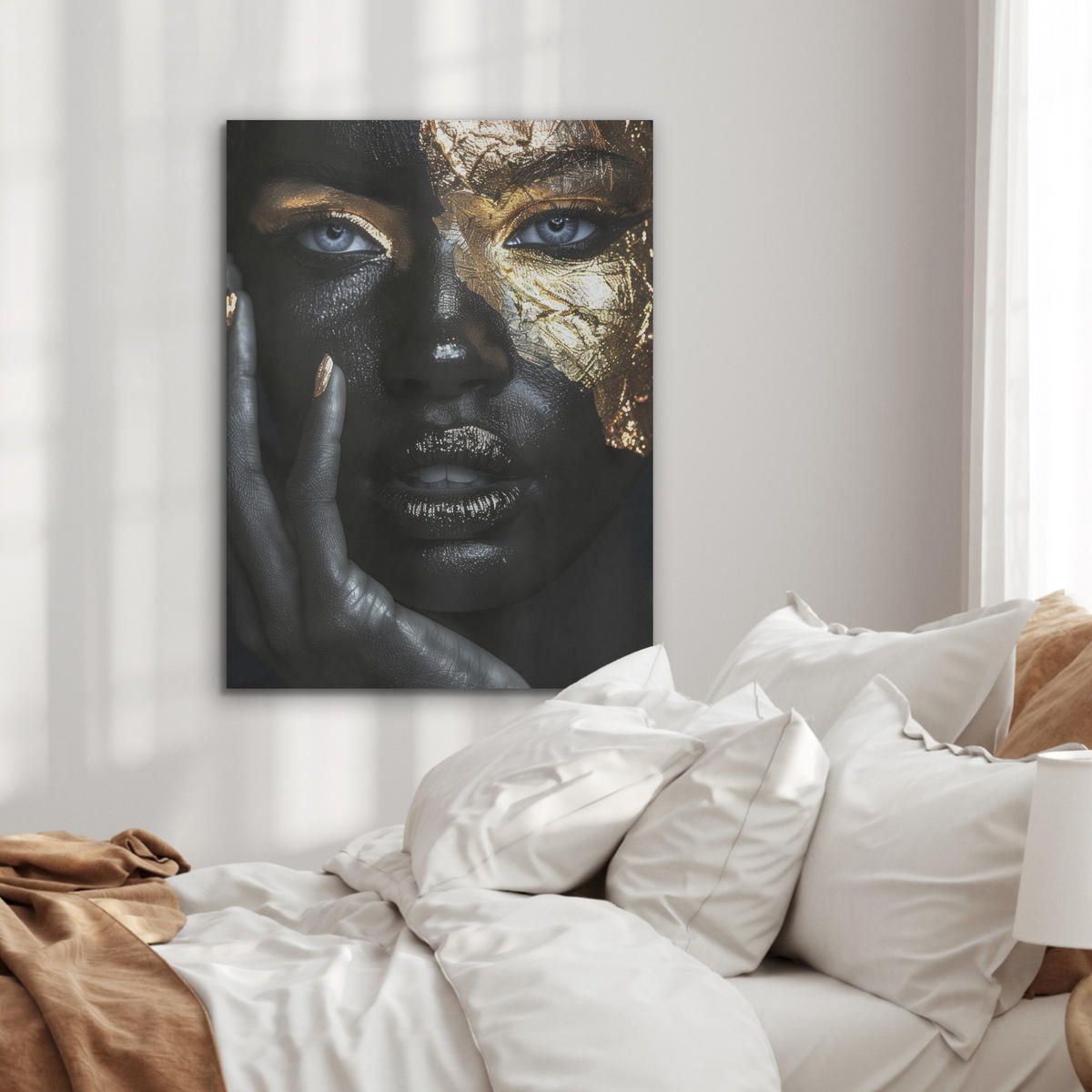 AKUSTIKPANEEL Frau - Gold - Porträt - Schwarz-Weiß - Luxus 60x80 cm - Hellblau, Textil (60/0.9/80cm) - MuchoWow