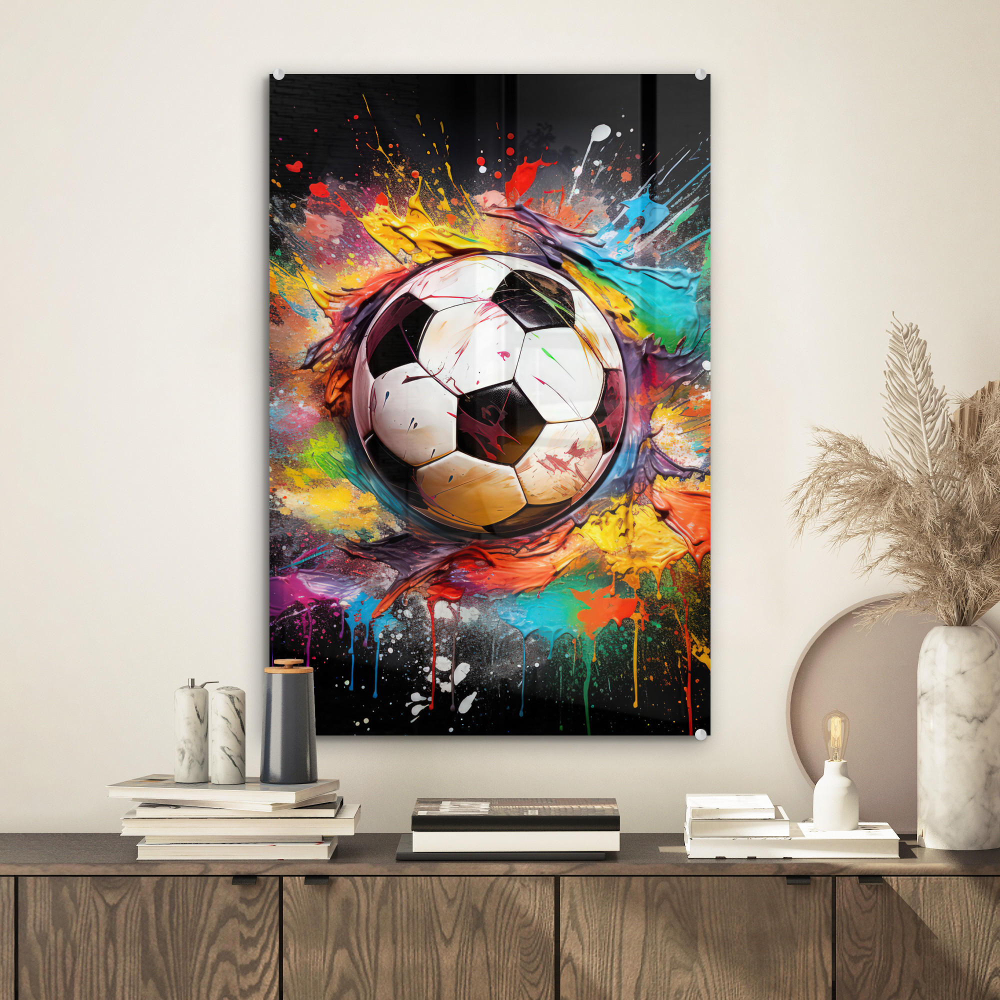 ACRYLGLASBILD Fußball - Farbe - Farben - Schwarz - Weiß 40x60 cm - Weiß, Glas (40/60cm) - MuchoWow