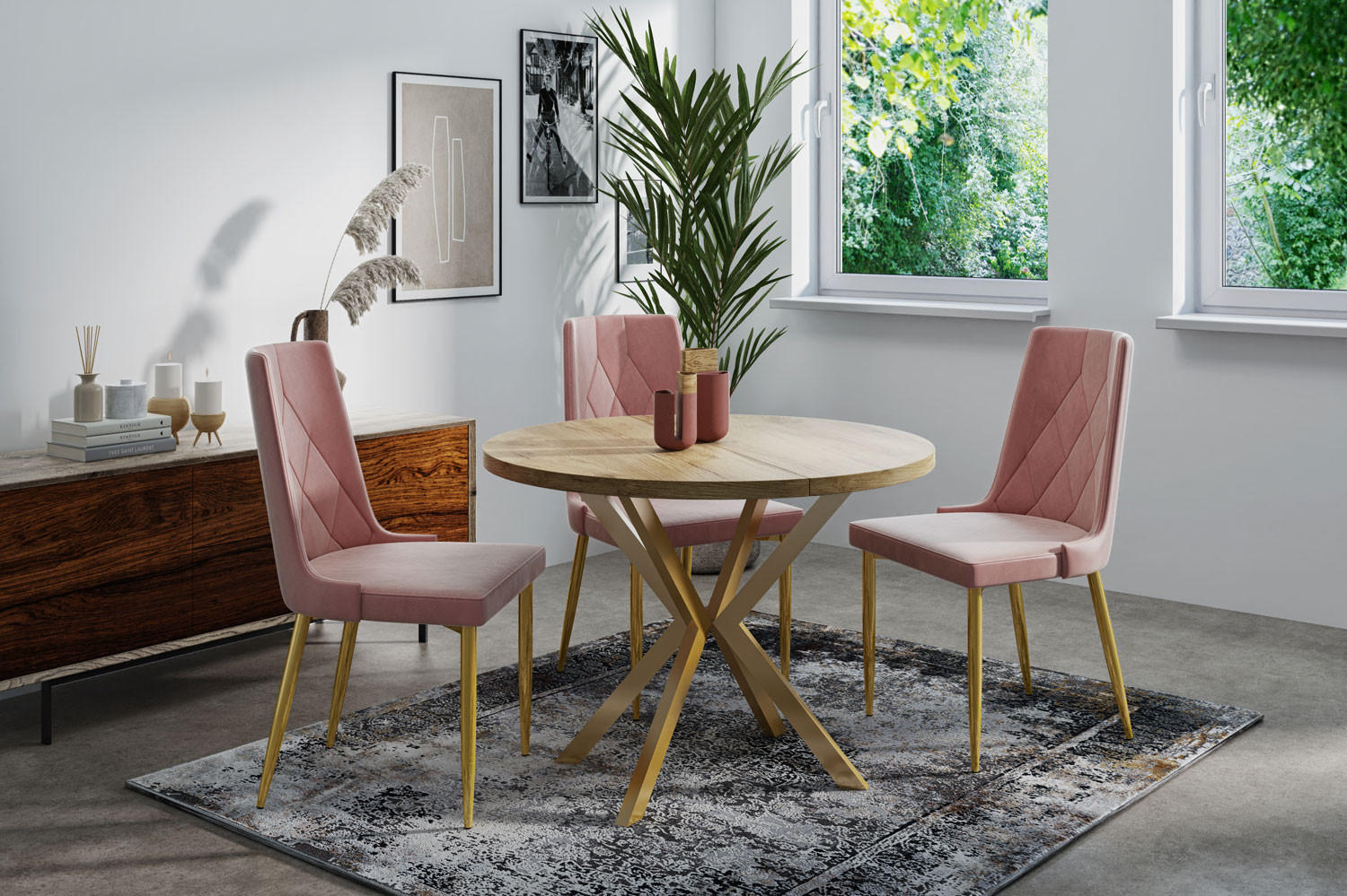 ESSTISCH Flora runder ausziehbarer, Craft Eiche 100-180/100/76 cm - Eiche Wotan/Goldfarben, Holzwerkstoff/Metall (100/100/76cm) - WFL GROUP