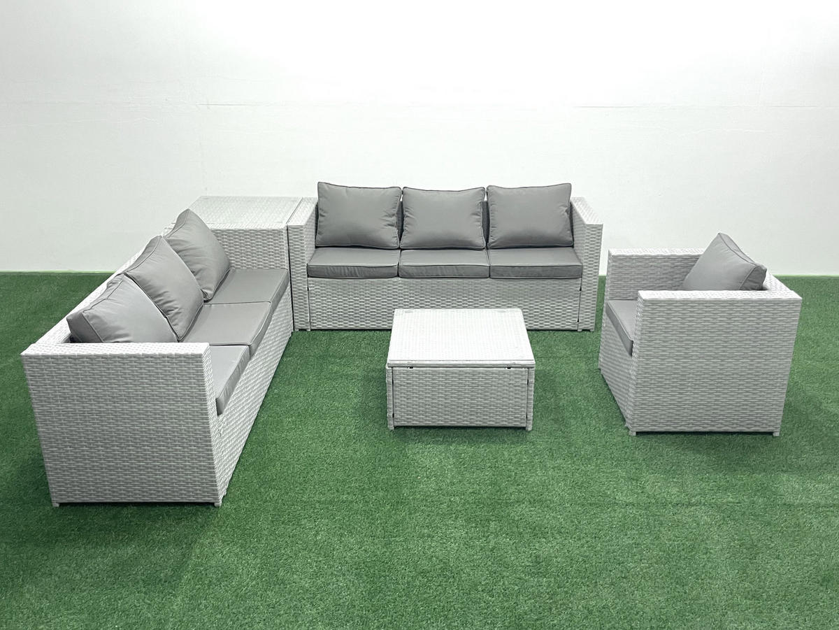 GARTENMÖBEL-SET mit Kissen Polyrattan Hellgrau-Mix 7-Sitzer - Hellgrau/Grau, Glas/Kunststoff - Fimous