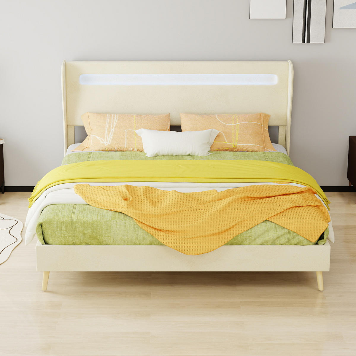POLSTERBETT 160/200 cm in Beige mit LED und verstellbarem Kopfteil Stoff - Beige/Naturfarben, Holzwerkstoff/Textil (160/200cm) - STILVORA