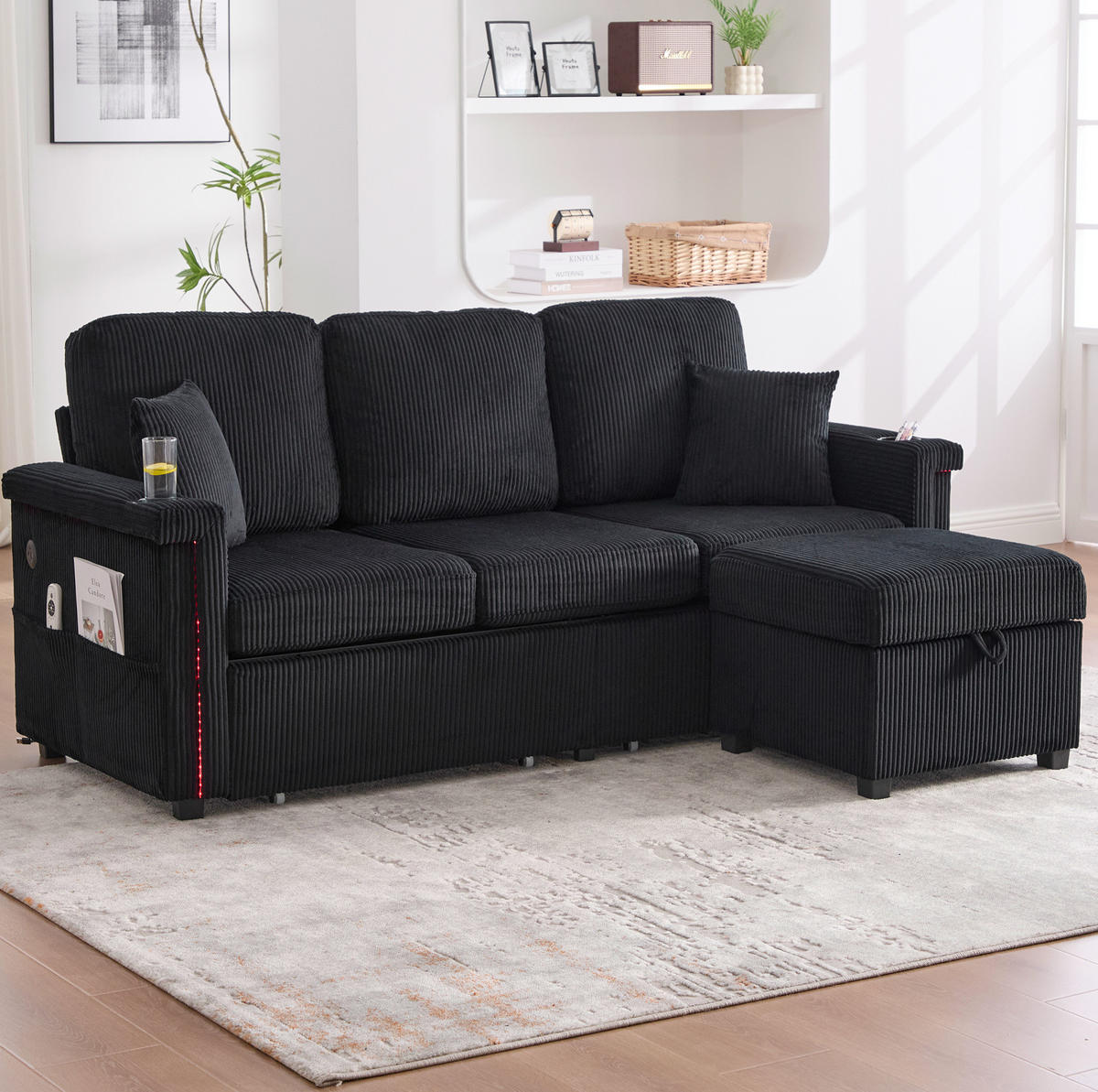 ECKSOFA Corduroy mit LED und USB-Anschluss Stauraum-Schubladen 194/73/81 cm Schwarz - Schwarz, Textil (73/194cm) - Redom
