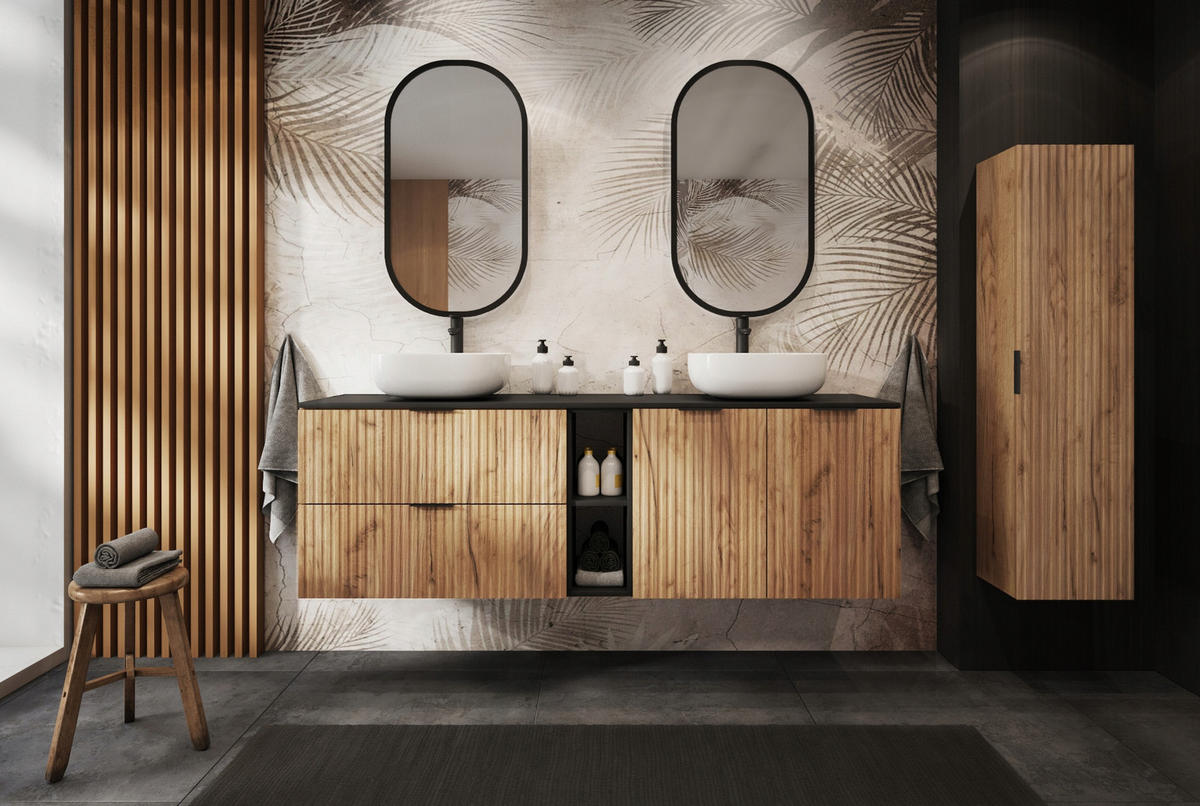 WASCHBECKUNTERSCHRANK FLOW mit Regal + Platte Schwarz matt 160/57/46 cm - Schwarz, Holzwerkstoff (160/57/46cm) - Rodan