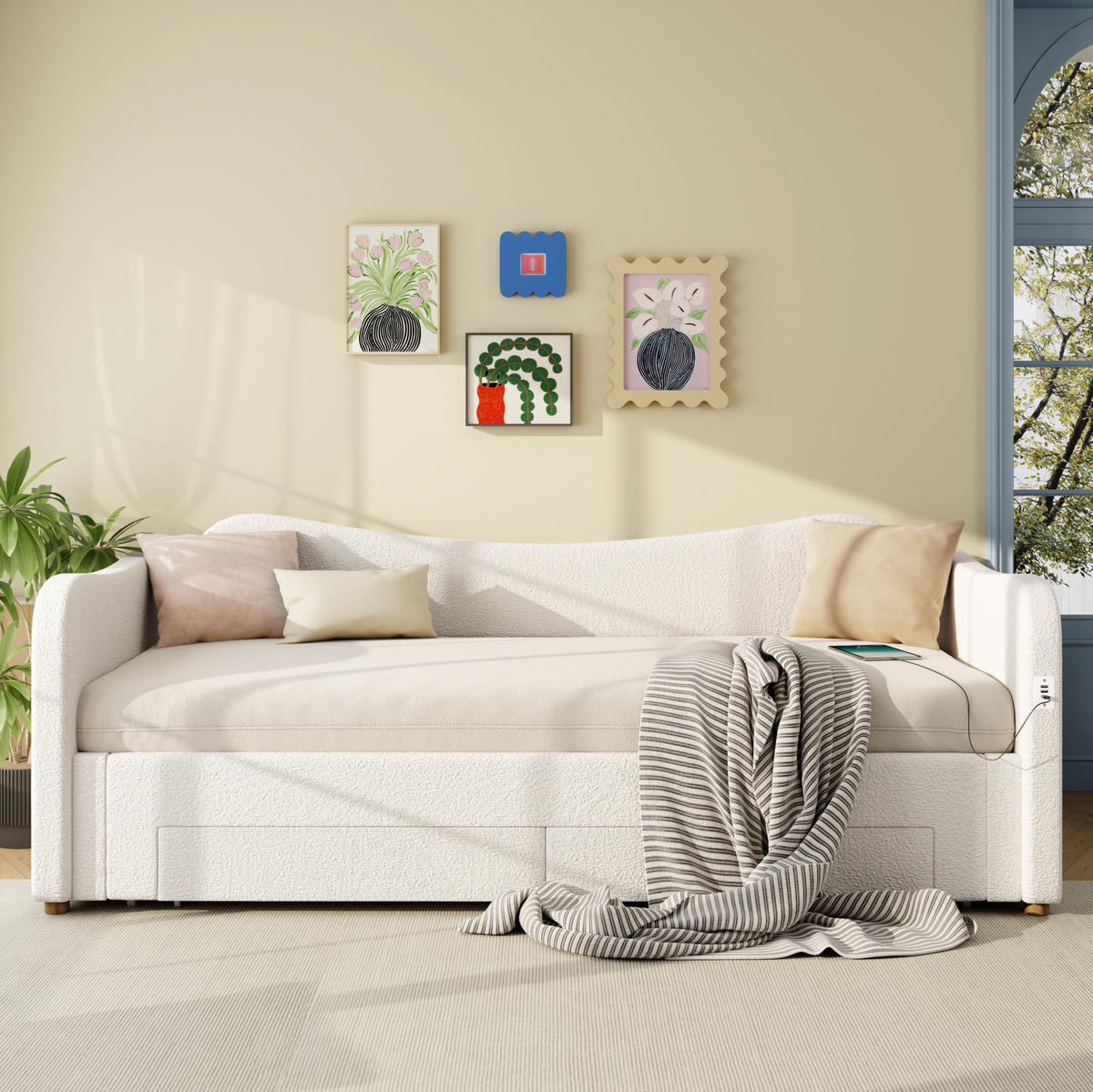 POLSTERBETT 90/200 cm beige aus Bouclé mit Ausziehfunktion, 2 Schubladen und USB - Beige, Holzwerkstoff (90/200cm) - OKWISH