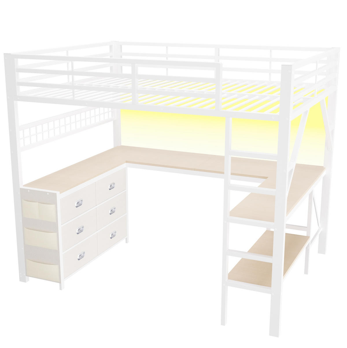GAMING-HOCHBETT 140x200 cm in Weiß mit Schreibtisch, Schubladen und LED-Beleuchtung - Weiß, Holzwerkstoff (140/200cm) - IVMEU