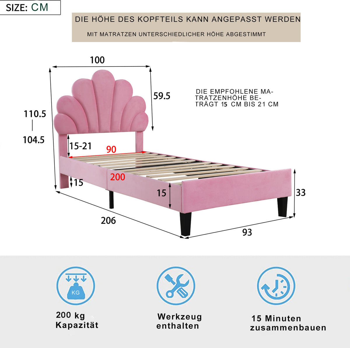 POLSTERBETT 90/200 cm Rosa aus Samtstoff mit Lattenrost - Rosa, Textil (90/200cm) - OKMYHOME