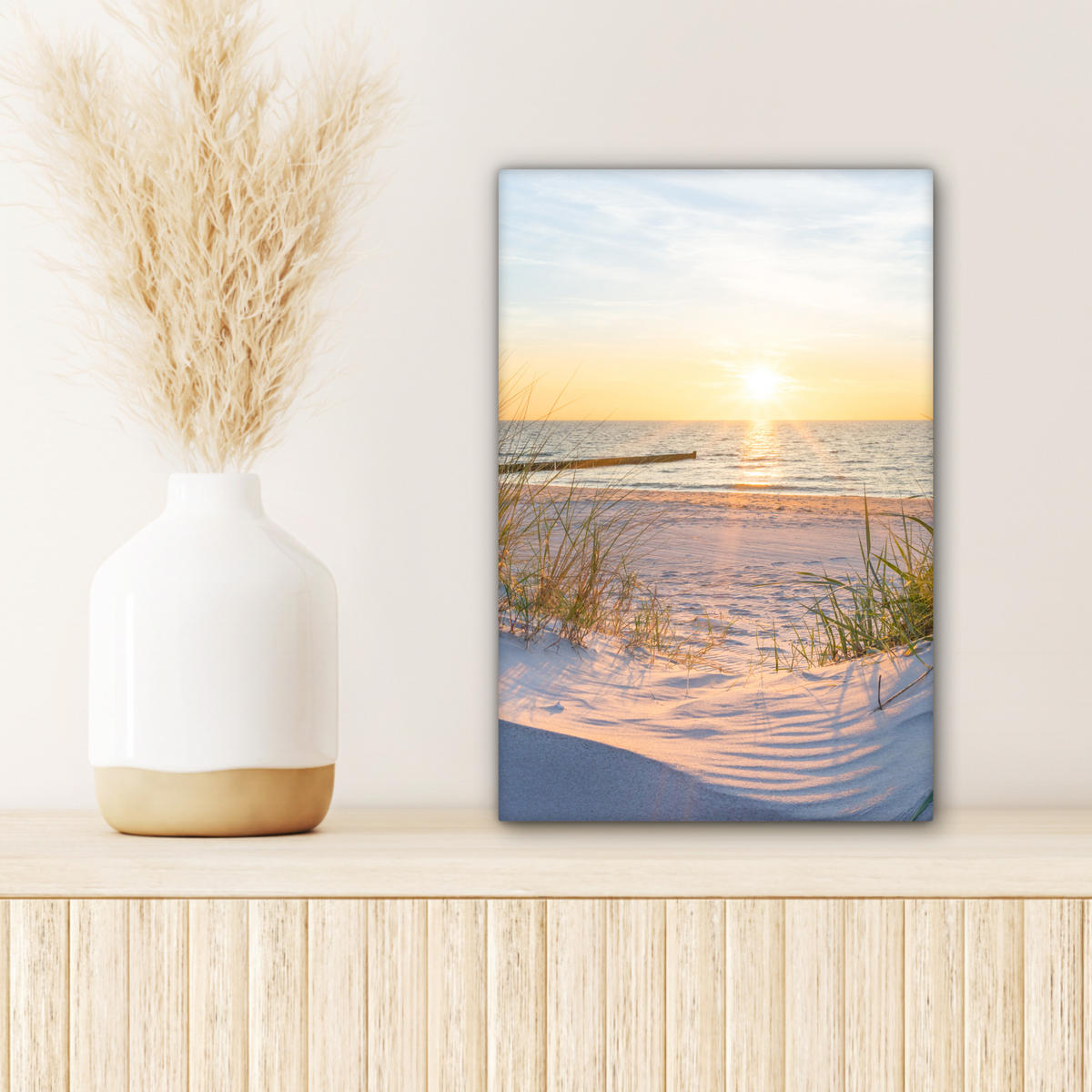 LEINWANDBILD Strand - Sonne - Düne - Gras - Sand - Horizont Deko Wohnzimmer 20x30 cm - Hellblau, Textil (20/30cm) - MuchoWow