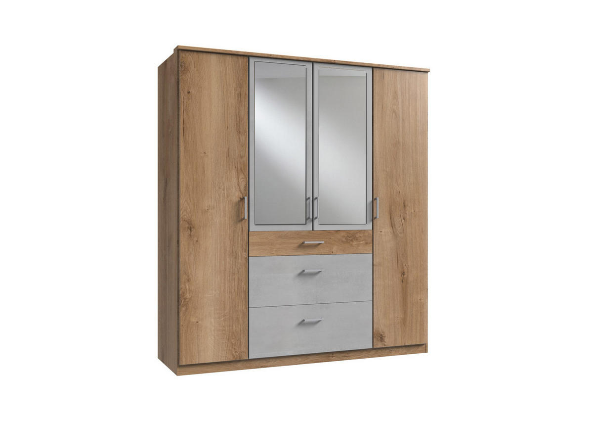 KLEIDERSCHRANK Click in Plankeneiche Beton Lichtgrau - Drehtürenschrank 179 cm Breite mit Spiegel - Braun, Holzwerkstoff (179/199/58cm)