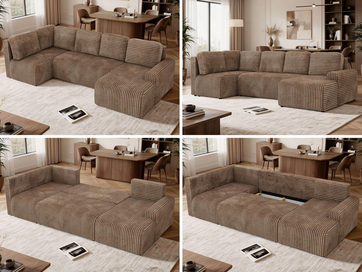 WOHNLANDSCHAFT NESSARO COR U Braun Cord - Links Seite - Schwarz/Braun, Kunststoff/Textil (307/92/151cm) - MKS