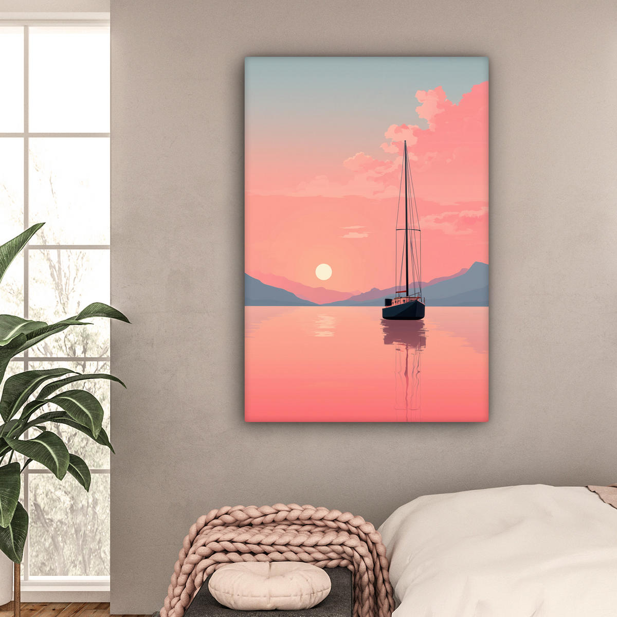 LEINWANDBILD Segelboot - Rosa Meer - Sonnenuntergang - Berge Deko Groß 90x140 cm - Rosa, Textil (90/140cm) - MuchoWow