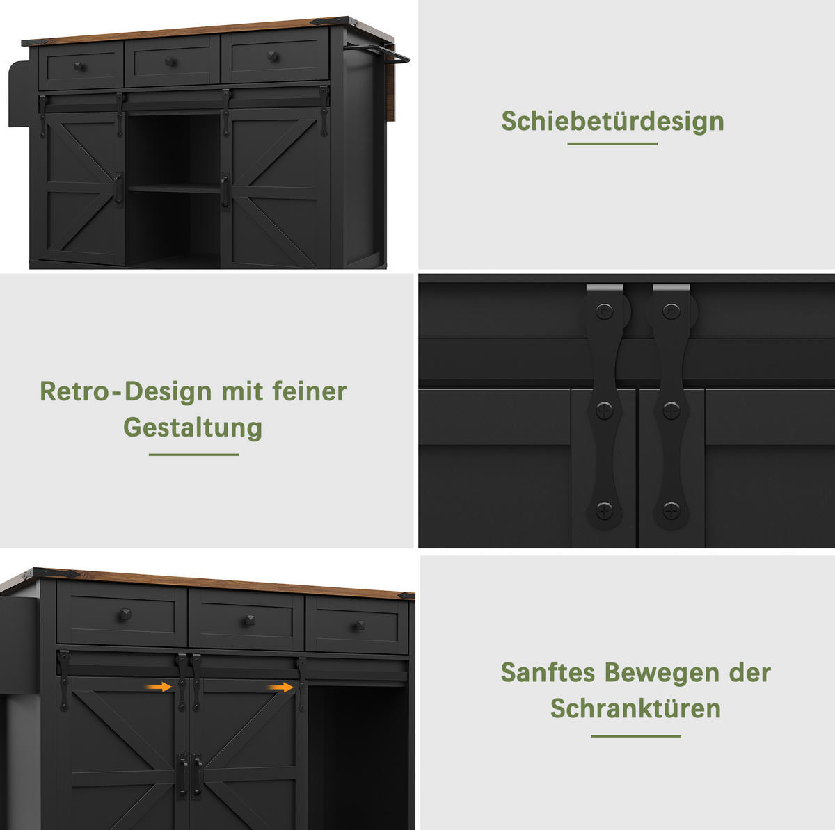 KÜCHENINSEL 140x73x94cm Schwarz mit 3 Schubladen & 5 Rollen - Schwarz, Holzwerkstoff (140/94/73cm) - Modfu