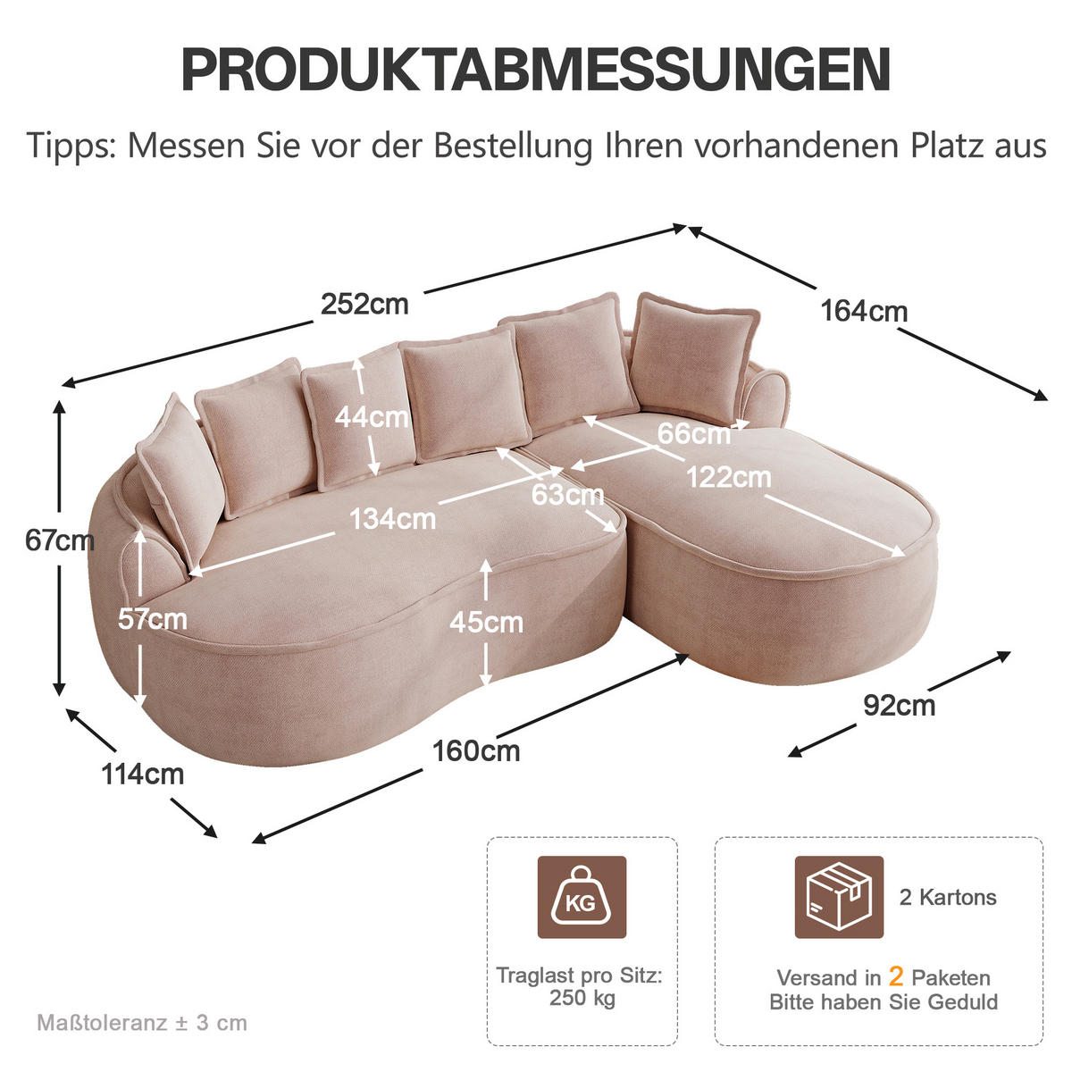 ECKSOFA DE-34260 modular mit und Kissen Rosa - Pink, Textil (164/252cm) - ComfortXL