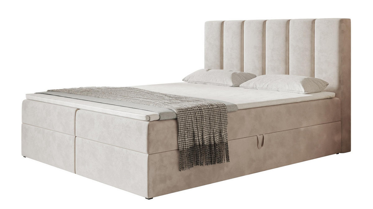 BOXBETT TOKIO mit 2 Bettkästen, 140x200, Farbe: Beige, Velourstoff, Doppelbett mit Bonell-Matratze - Beige, Holz/Kunststoff (140/200cm) - Alpi-Möbel