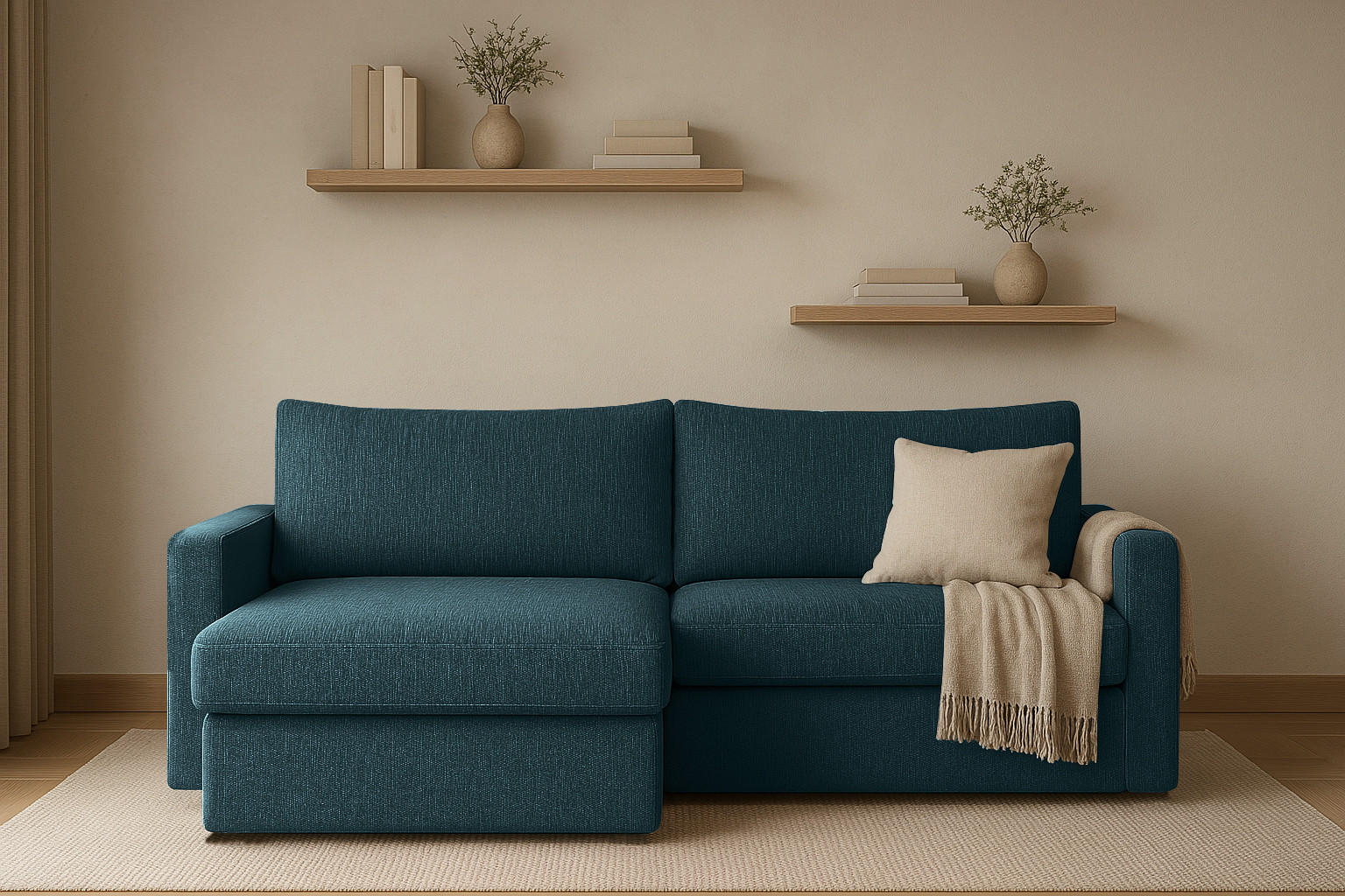 ECKSOFA Mit Schlaffunktion Und Bettzeugablage LUBEKA Stoff Faro Azurblau Links - Dunkelblau, Holz (140/147cm) - Kaiser Möbel