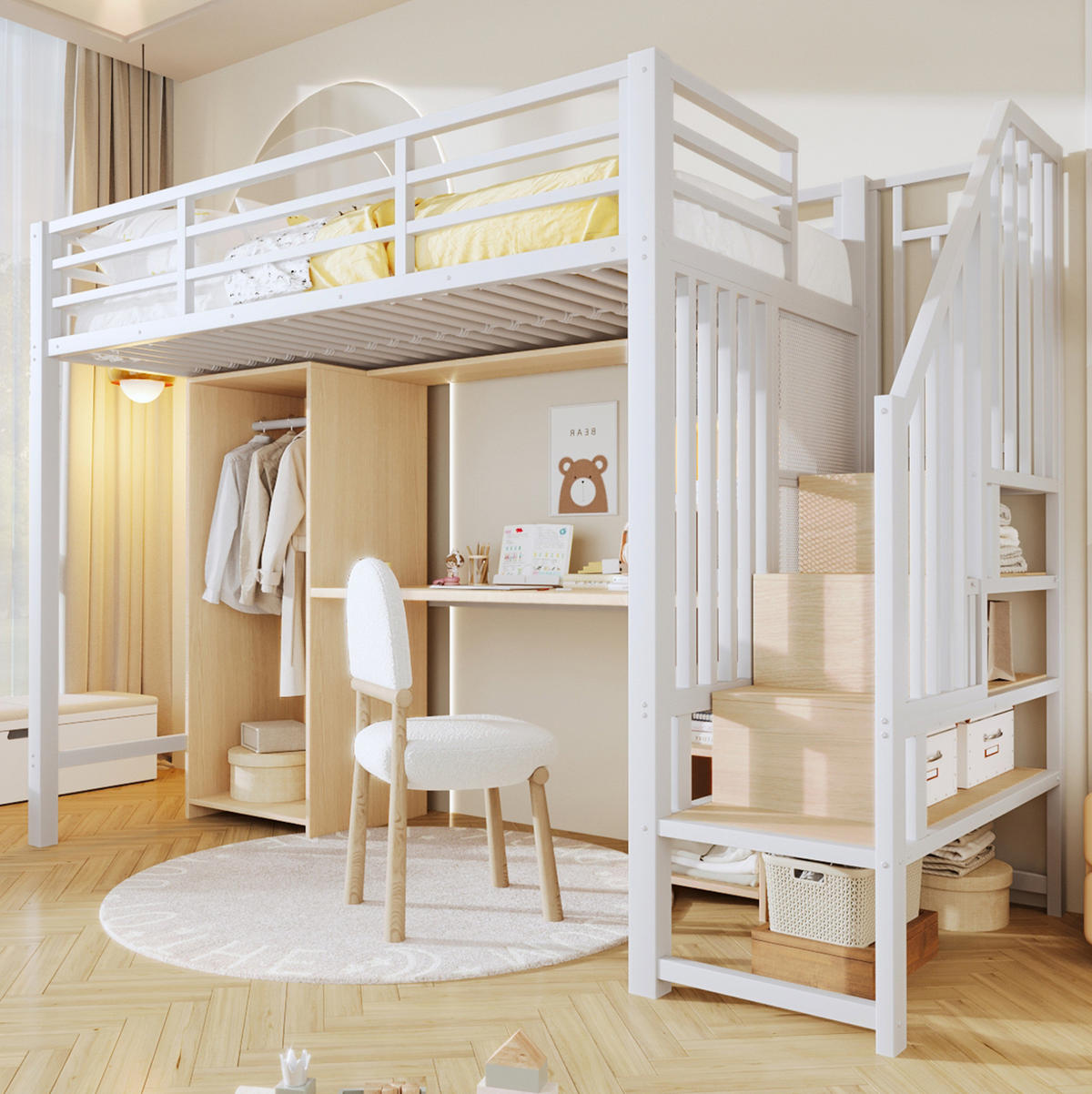 HOCHBETT 90/200 cm mit Kleiderschrank, Schreibtisch und Stauraum aus Metall und MDF, Weiß - Weiß, Metall (90/200cm) - Redom