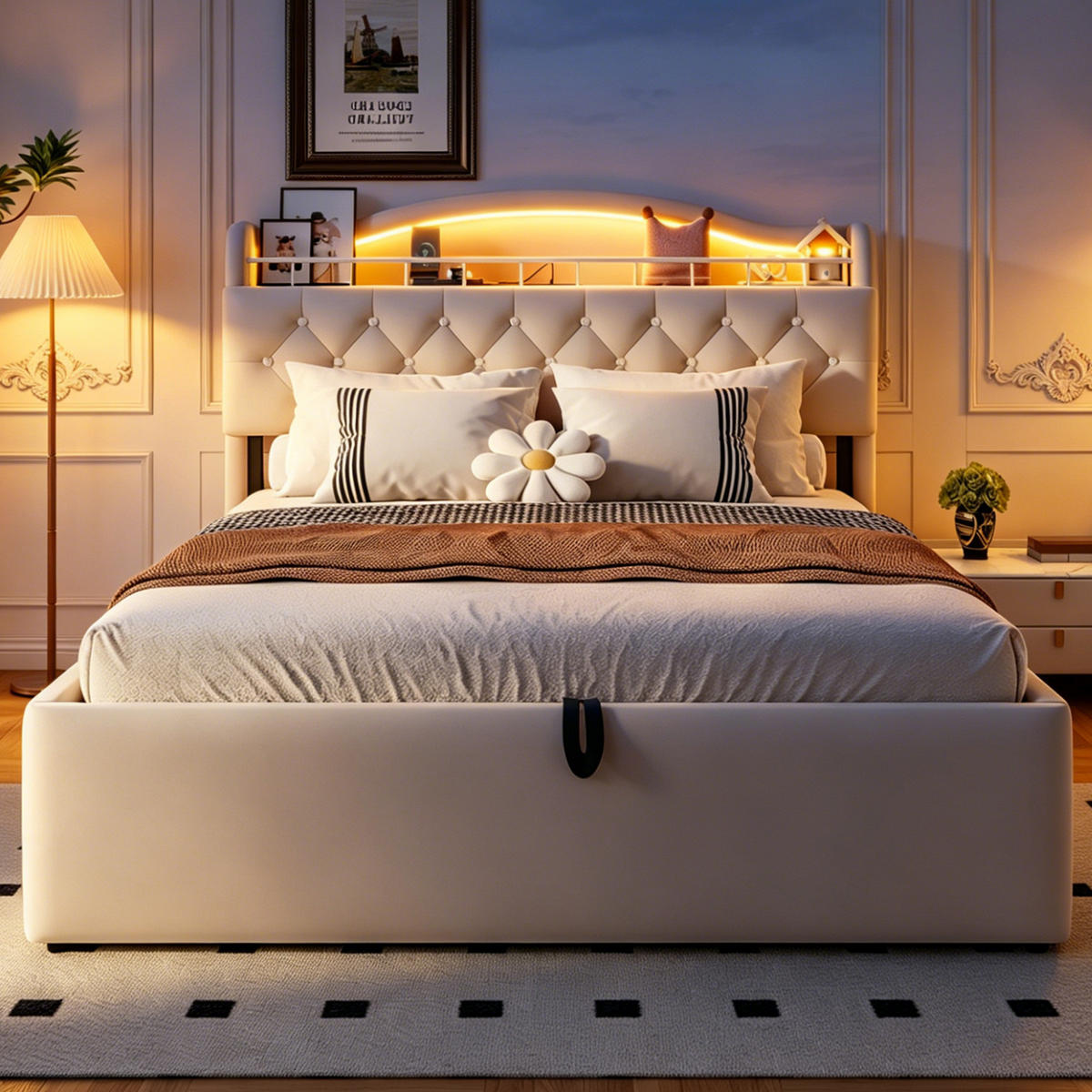 POLSTERBETT 140x200cm Samt LED Kopfteil Stauraum USB Beige - Beige, Metall (140/200cm) - FLIEKS