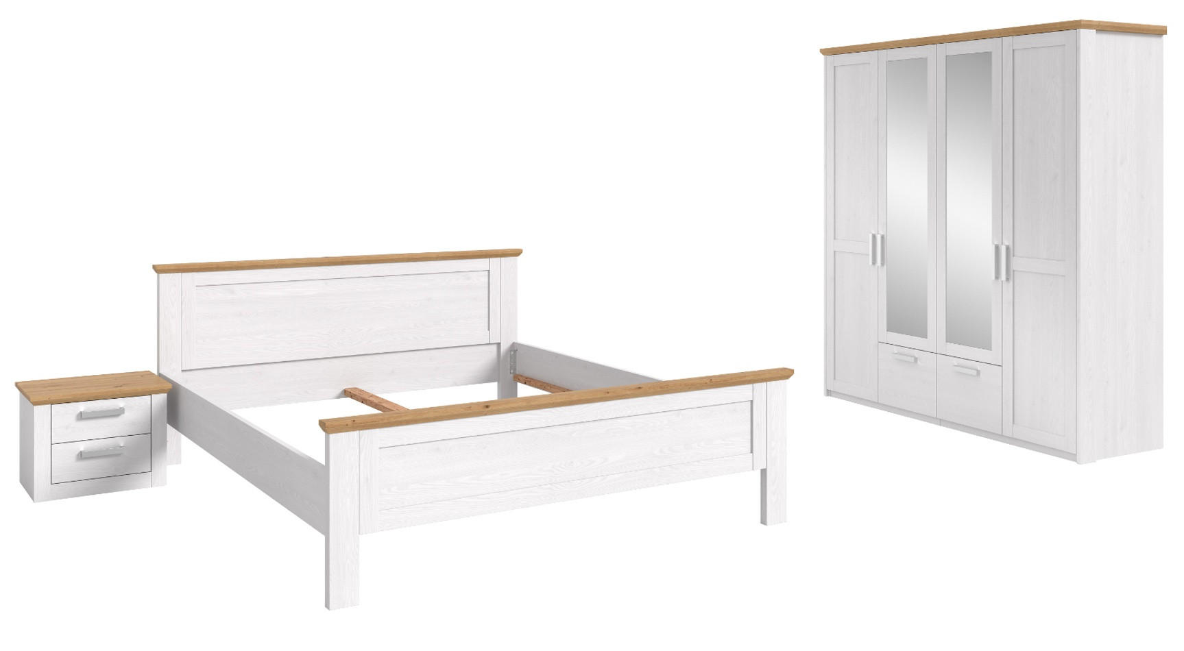 SCHLAFZIMMER weiß Lärche, Eiche Artisan Landhaus, Komplettset mit Bett, Kleiderschrank und Nachttisch - Eichefarben/Silberfarben, Holzwerkstoff/Kunststoff (180/200cm) - Inn.Furn