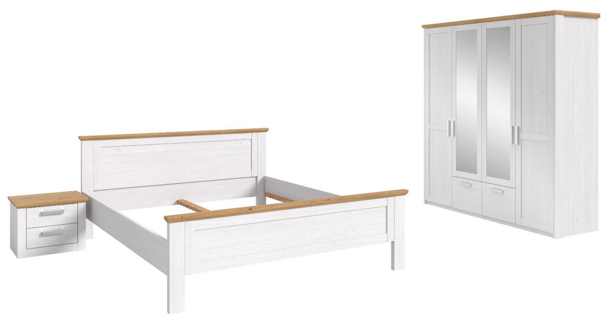 SCHLAFZIMMER weiß Lärche, Eiche Artisan Landhaus, Komplettset mit Bett, Kleiderschrank und Nachttisch - Eichefarben/Silberfarben, Holzwerkstoff/Kunststoff (180/200cm) - Inn.Furn