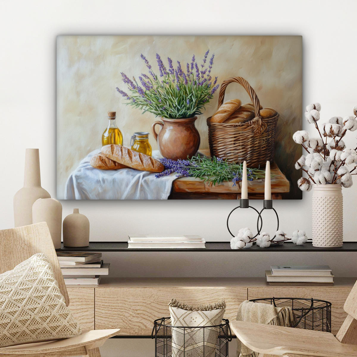 LEINWANDBILD Lavendel - Brot - Stilleben Gemälde 60x40 cm - Flieder, Textil (60/40cm) - MuchoWow