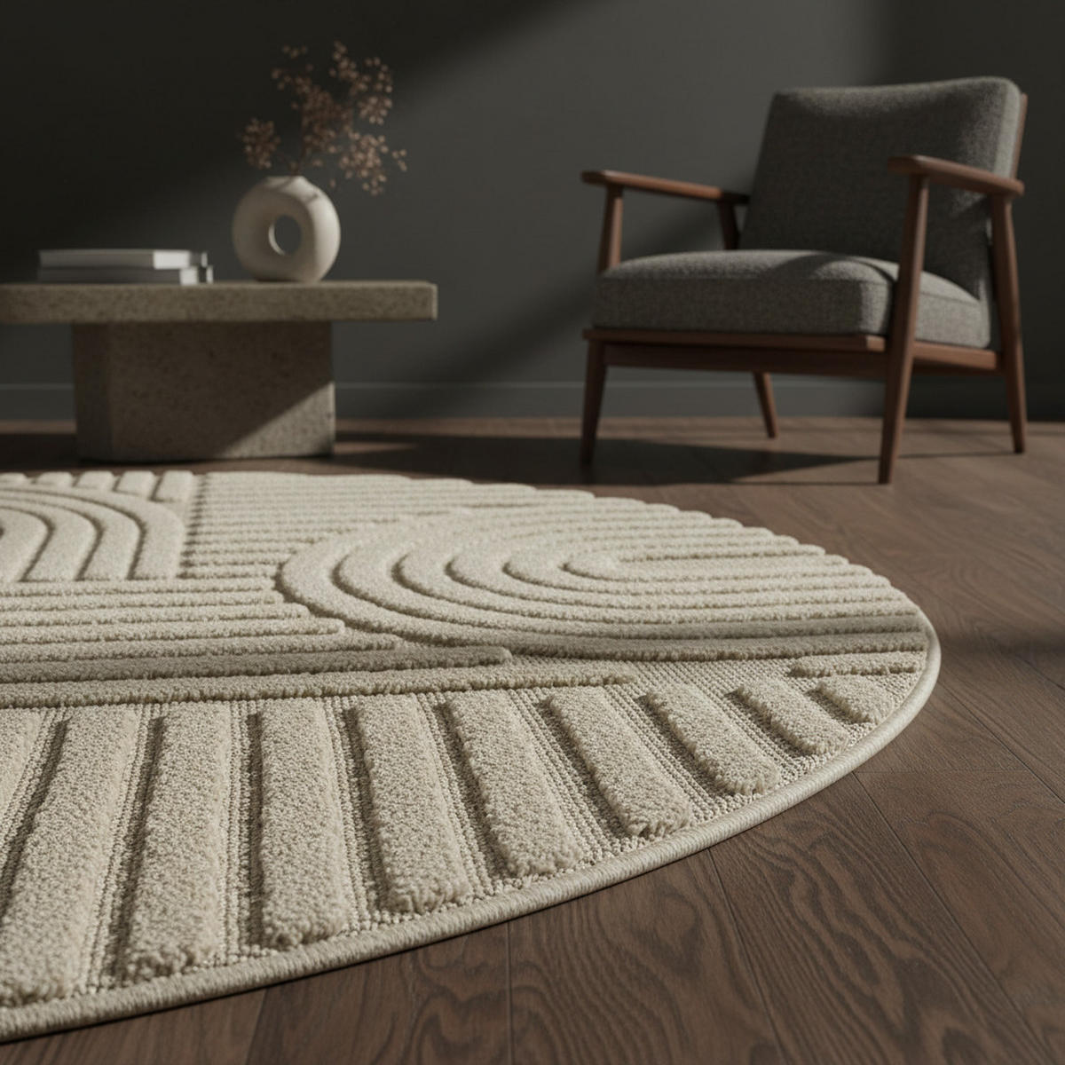 TEPPICH Esszimmer 3D Skandinavischer Boho Elegant Waschbar Wohnzimmer Rund Beige 200x200 cm – RIGI - Beige, Textil (200/200cm) - KADIMA DESIGN
