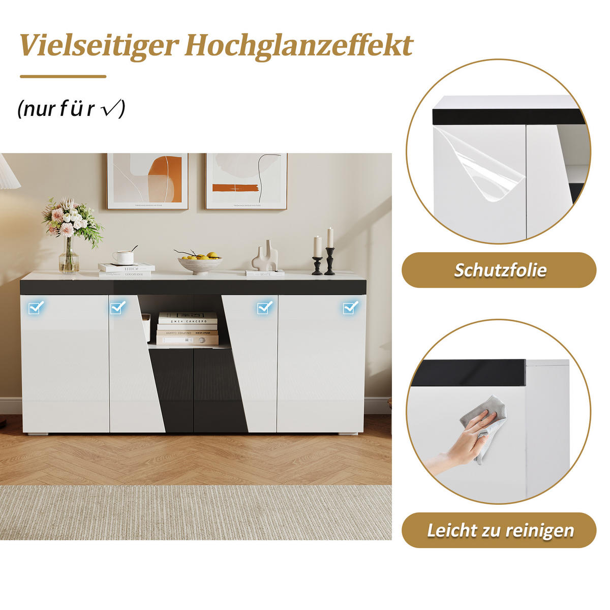 SIDEBOARD in Weiß & Schwarz mit App-LED-Lichtleiste - Weiß, Holzwerkstoff (140/65/40cm) - Urban Meuble