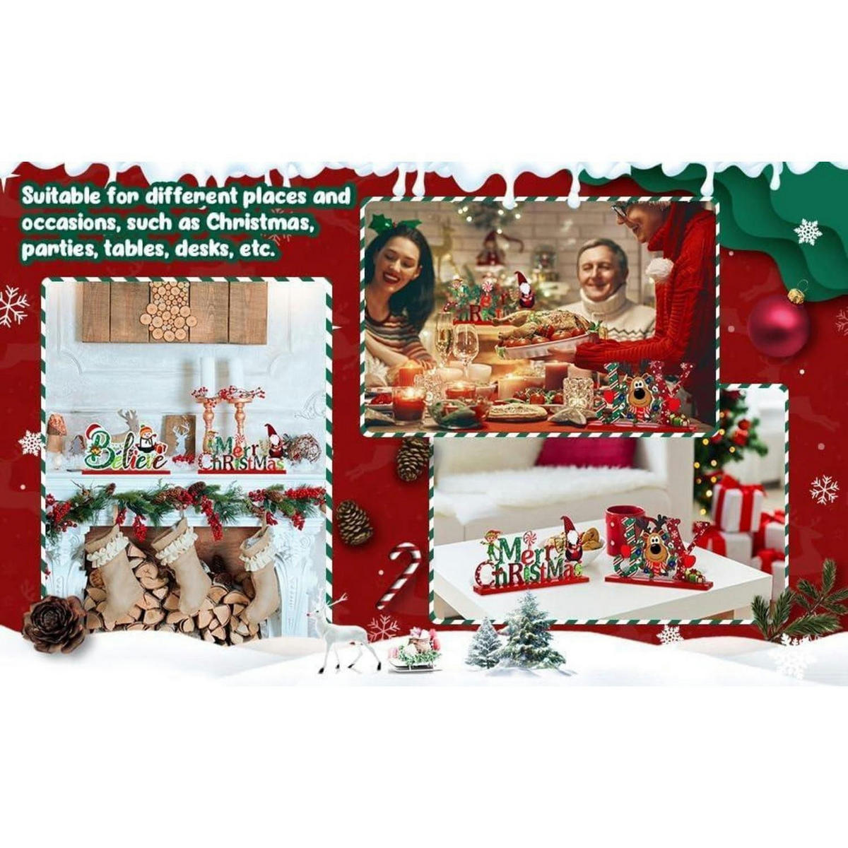 TISCHDEKORATION 3-teiliges Set Holz Weihnachten - Multicolor, Holz (20cm)