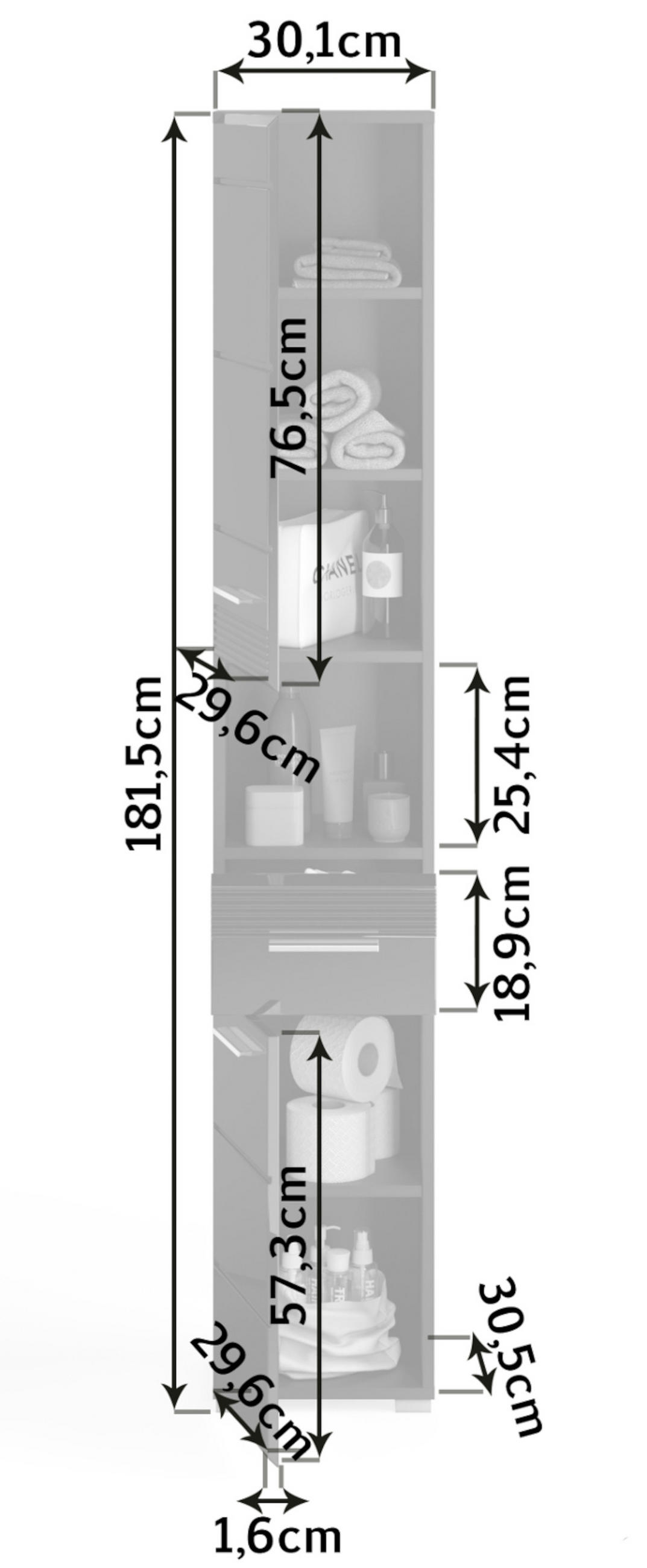HOCHSCHRANK in schwarz Hochglanz, Badschrank 182 cm - Schwarz Hochglanz/Silberfarben, Holzwerkstoff/Kunststoff (30/182/182cm) - Inn.Furn