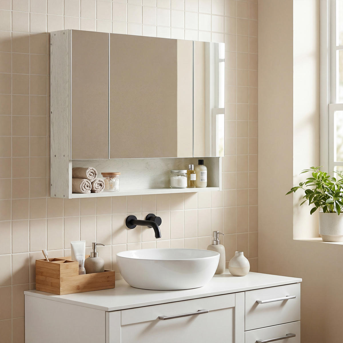 SPIEGELSCHRANK mit Spiegel, verstellbaren Einlegeböden, offenem Fach,90x15x75 cm - Weiß, Glas (90/75/15cm) - Vallsero