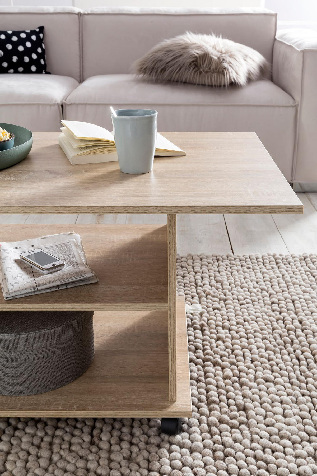 COUCHTISCH mit zwei Ablageflächen, Rollen und Melaminharzbeschichtung, Beige 95x54x51 cm - Beige/Schwarz, Holz (54/95/51cm) - KADIMA DESIGN