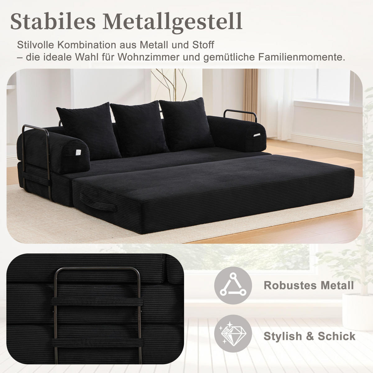 SOFA 200/94/67 cm aus Cord mit Metallrahmen und Seitentasche Schwarz - Schwarz, Textil (94/67/200cm) - Modenvie