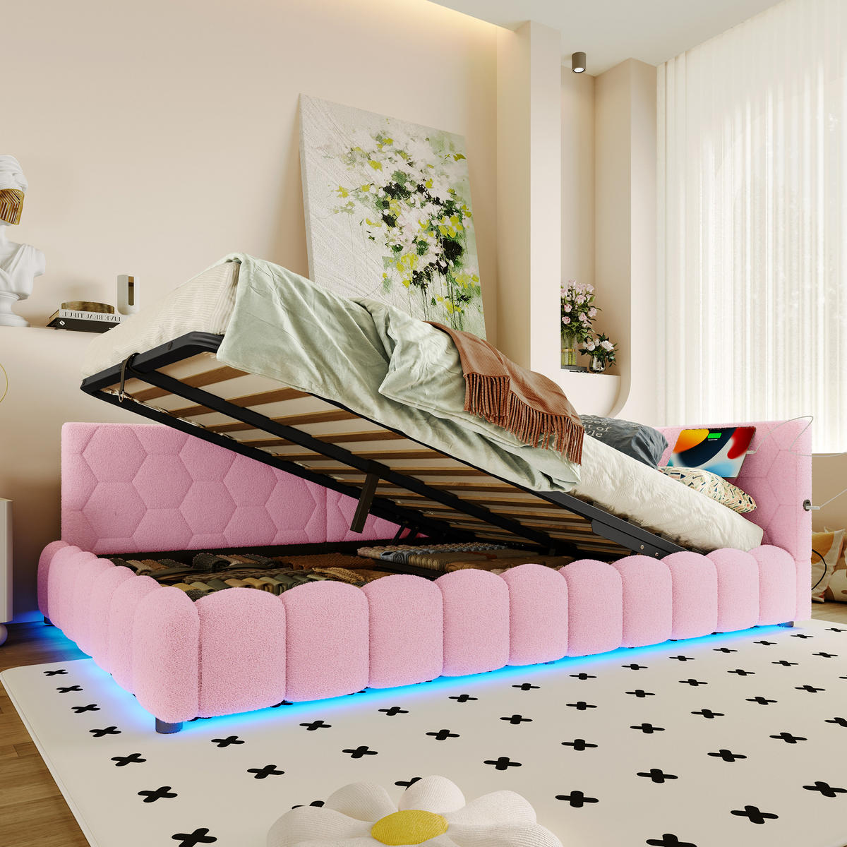 TAGEBETT 140x200cm Rosa Vliesimitat LED-Licht Hydraulik USB-C - Pink, Holz (140/200cm) - FLIEKS