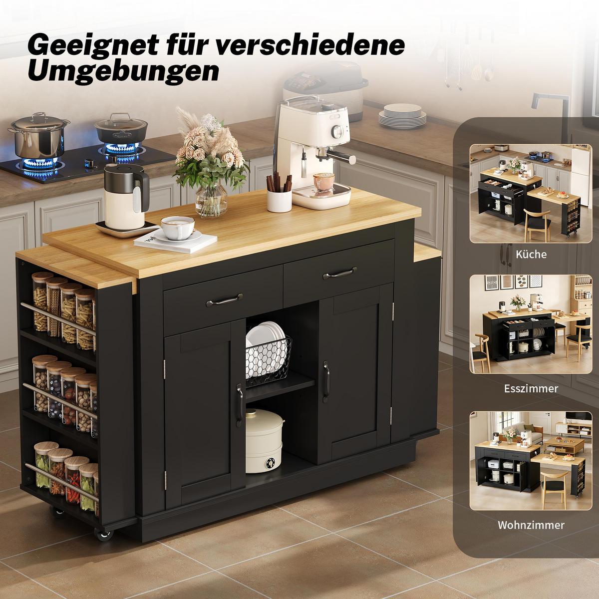KÜCHENINSEL 133.5/60/93 cm Schwarz mit 2 Schubladen, 2 ausziehbaren Arbeitsflächen und 2xUSB-Anschlüsse - Schwarz, Holz/Holzwerkstoff (142/93/55cm) - Oxeza