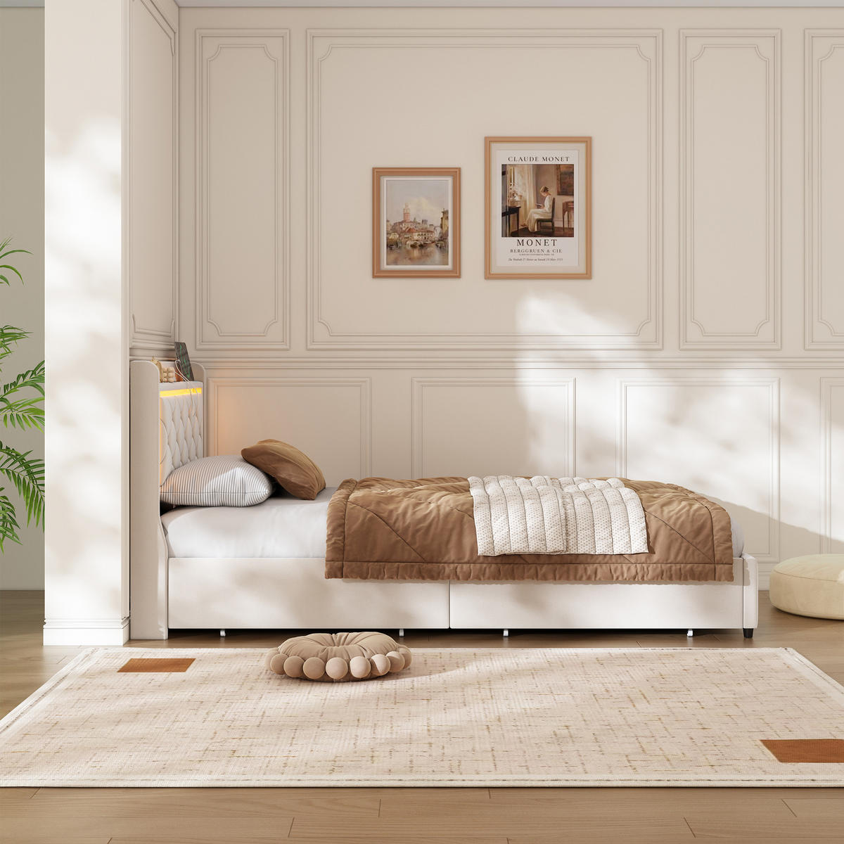 POLSTERBETT 90x200 cm Beige mit LED, Stauraumkopfteil & USB-C - Beige, Holz (90/200cm)
