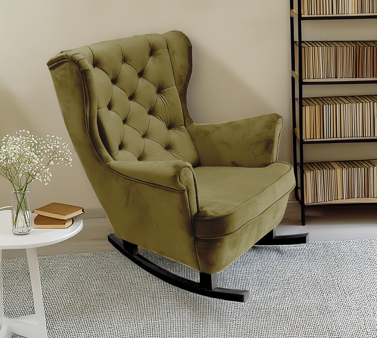 SCHAUKELSESSEL mit gepolstertem Sitz und Armlehnen, 102x81x95 cm, Grün_29845 - Salbeigrün/Schwarz, Holz/Textil (81/102/95cm) - DomoHome