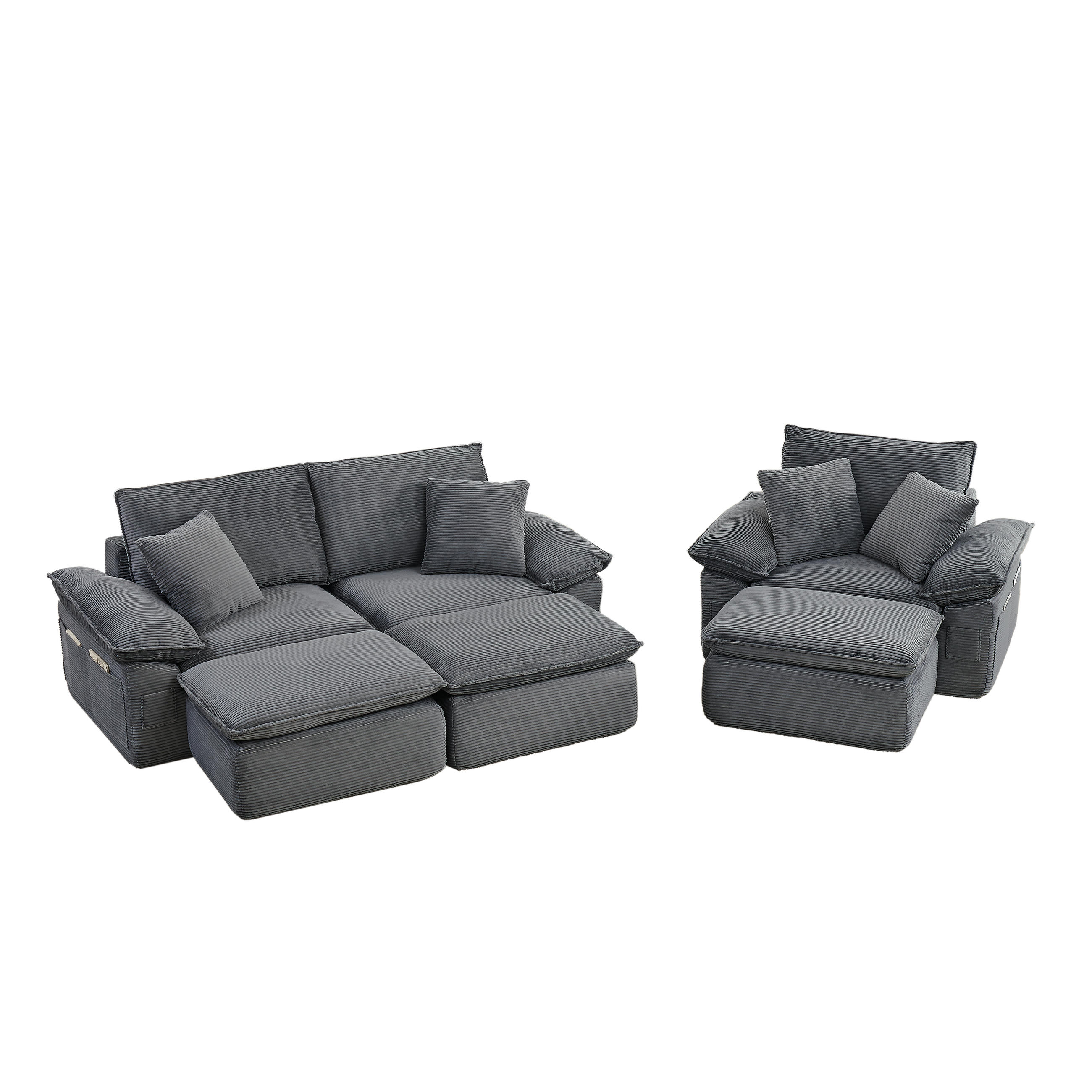 SITZGARNITUR DE-35051 3-Sitzer mit Taschen Hellgrau - Hellgrau, Textil (206/65/156cm) - ComfortXL