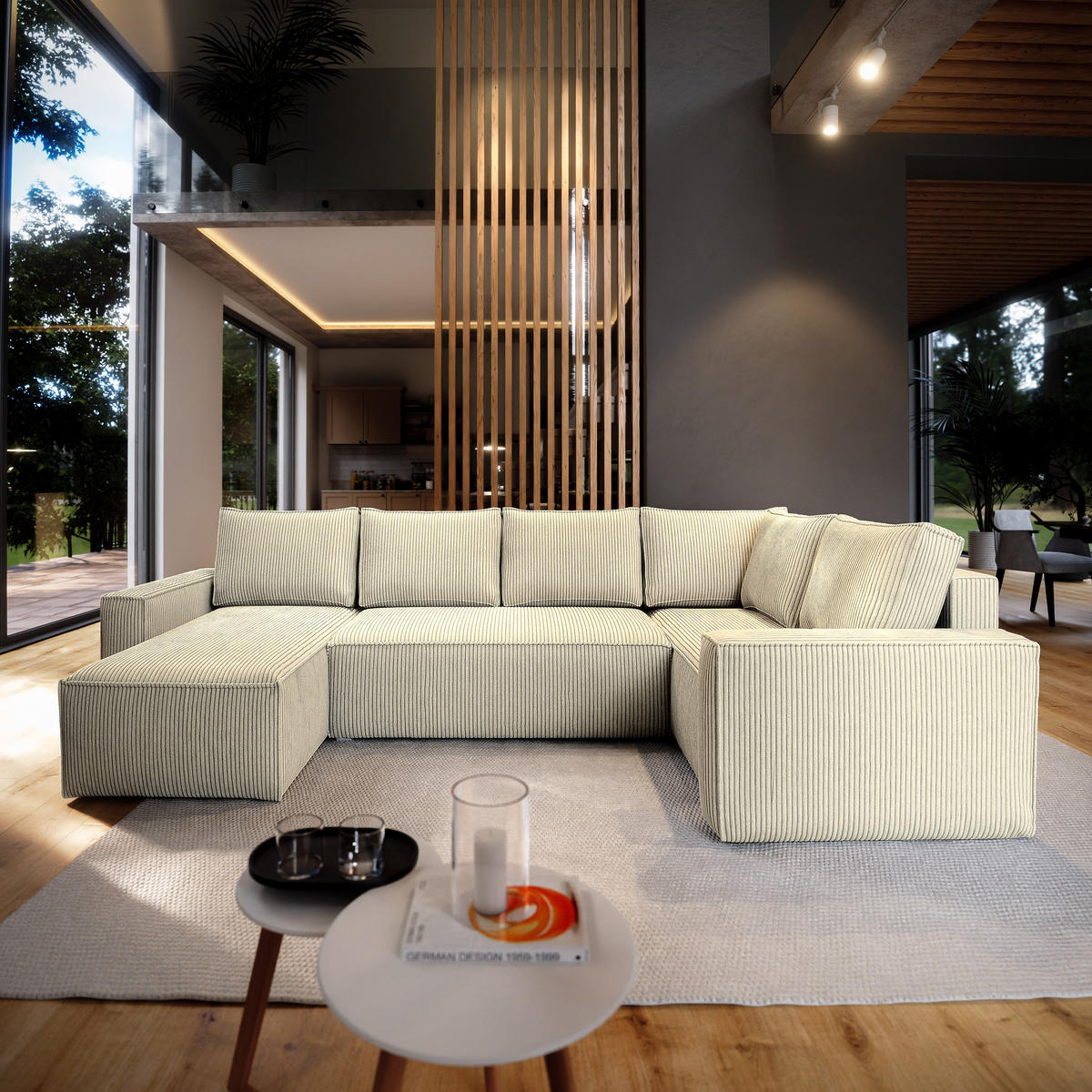 ROHOVÁ SEDAČKA NORENA krémová - šedá/krémová, dřevo/textil (295/157.5cm) - MASSENO