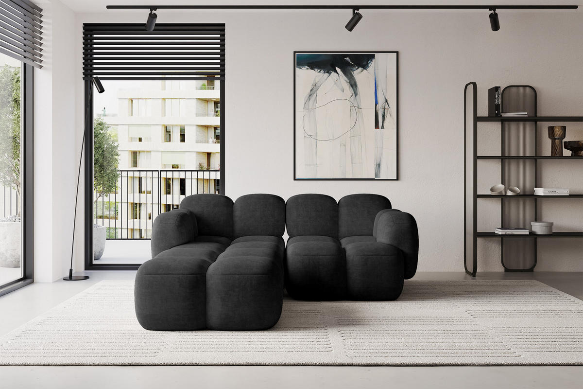 ECKSOFA modulares Sofa Links Miko-L1 214x205x75 Schwarz Velours - Schwarz, Holzwerkstoff/Kunststoff (214/205cm) - ALTDECOR