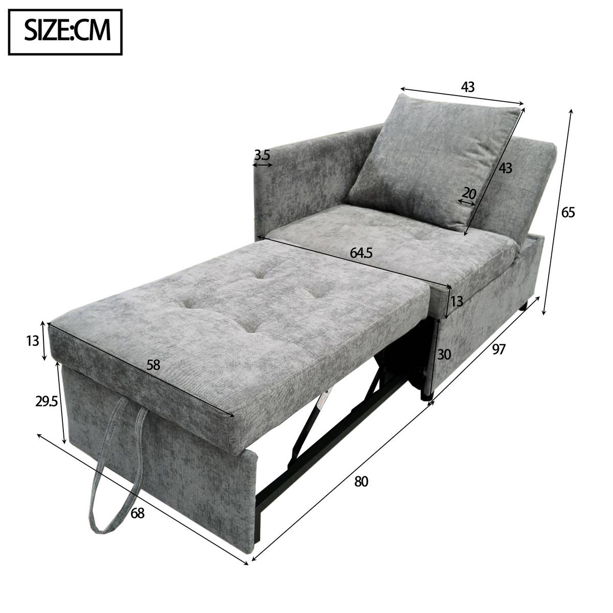 SCHLAFSOFA 3-in-1 Leinen mit 5-fach verstellbarer Rückenlehne Grau 177/68/65 cm - Grau, Textil (68/65/177cm) - Redom