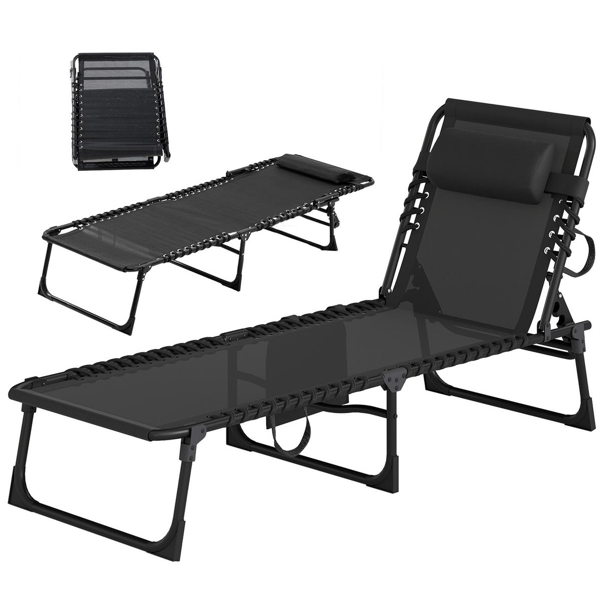 SONNENLIEGE Klappbare mit verstellbarer Rückenlehne gepolsterter Kopfstütze 189x58x30 cm ,Schwarz - Schwarz, Metall (58/30/189cm) - Vallsero