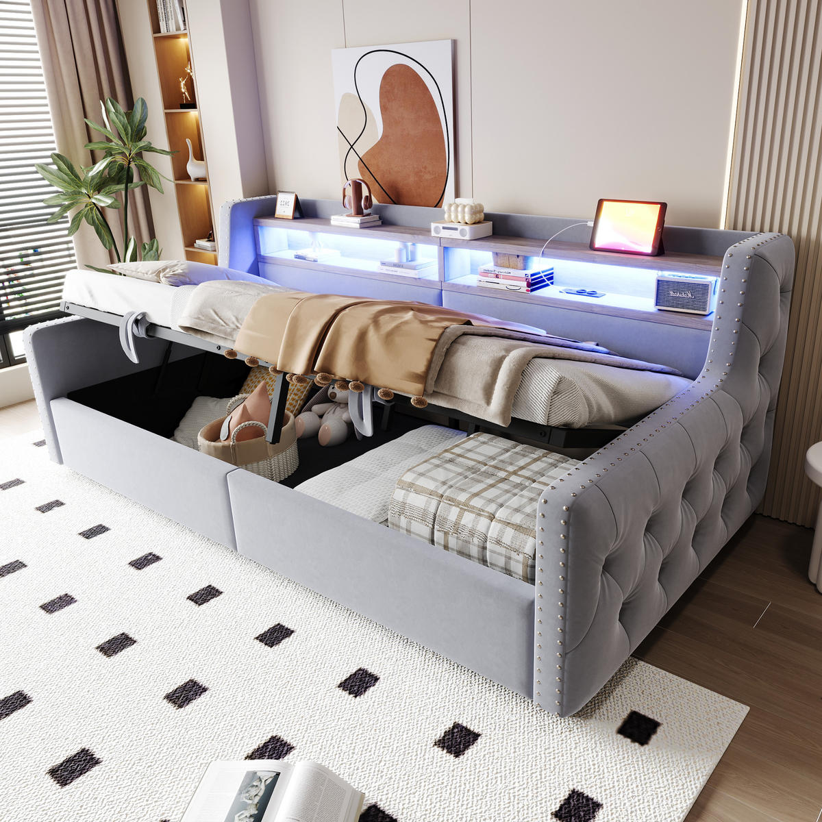 POLSTERBETT 90x200 cm LED USB Stauraum hellgrau - Hellgrau, Textil (90/200cm) - LEBENLANG