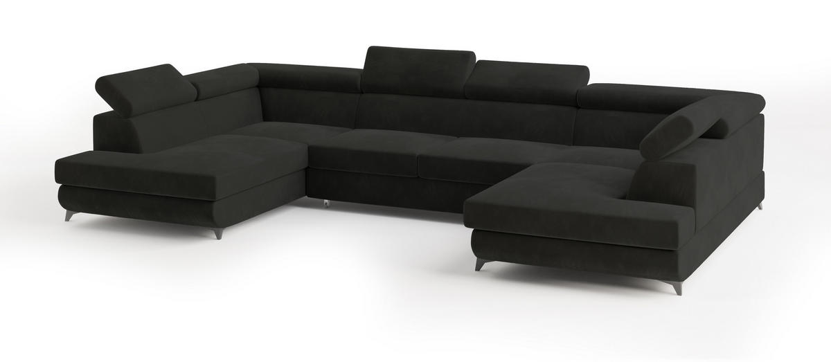 WOHNLANDSCHAFT VINTESSA Schwarz Velours-Stoff mit Schlaffunktion - Schwarz, Holz (323/89/190cm) - MASSENO