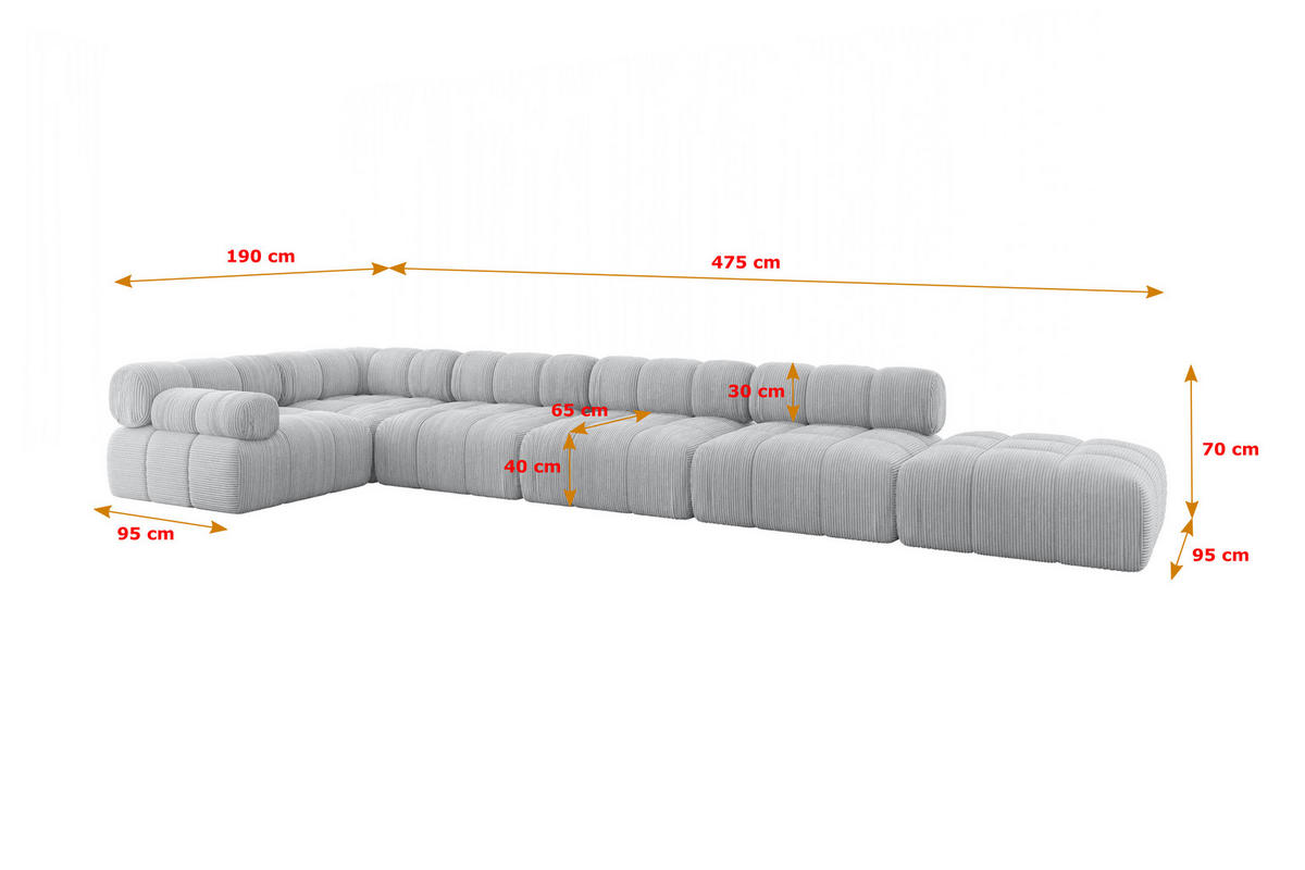 ECKSOFA modulares Sofa Felto-L3 - 475x190x70 cm Grau Cord - Grau, Holzwerkstoff/Textil (475/190cm) - ALTDECOR