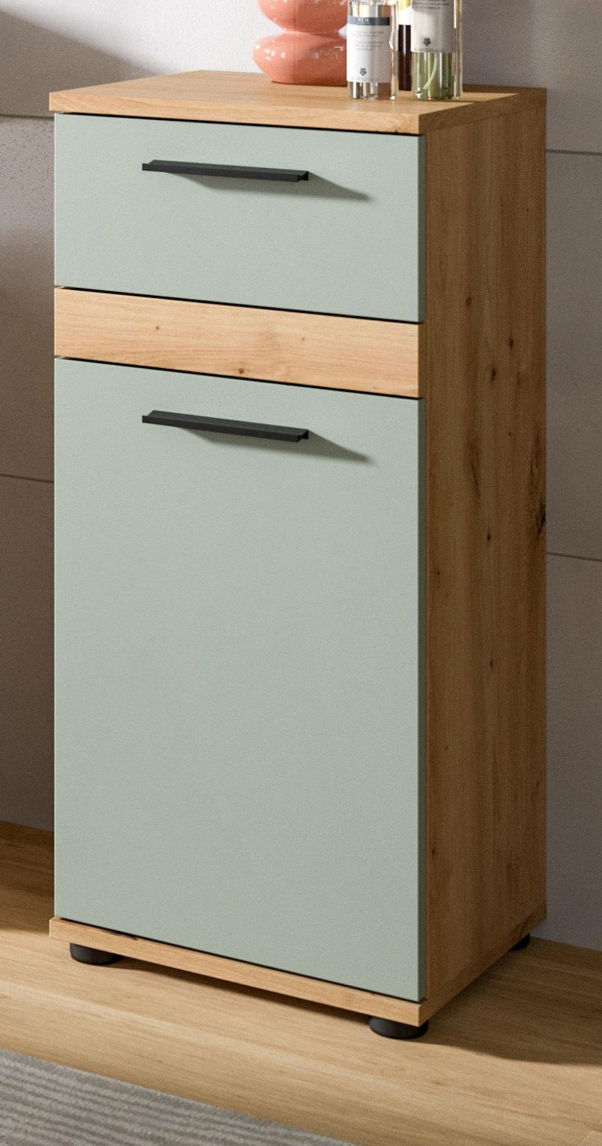 KOMMODE Salbei grün, Eiche Artisan 35 x 79 cm, Badschrank in modernem Design - Salbeigrün/Schwarz, Holzwerkstoff/Kunststoff (35/79/31cm) - Inn.Furn
