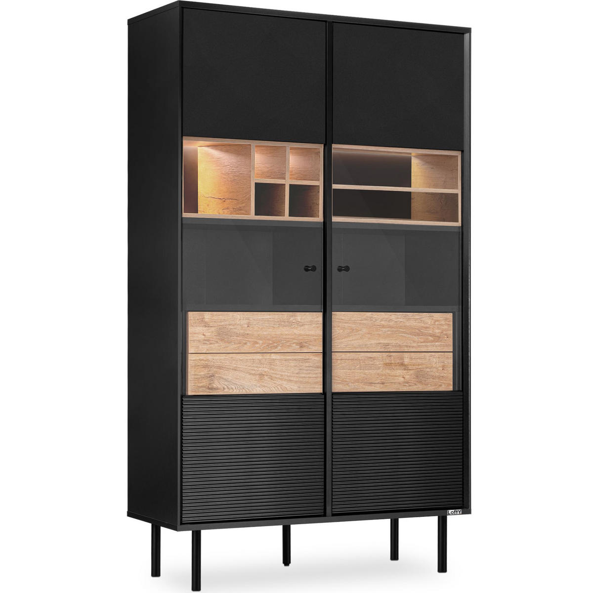 VITRINENSCHRÄNK LOFTY TV/Weineinlage, schwarz / Eiche natur - Eichefarben/Multicolor, Holzwerkstoff (102/174/41cm) - KONSIMO®