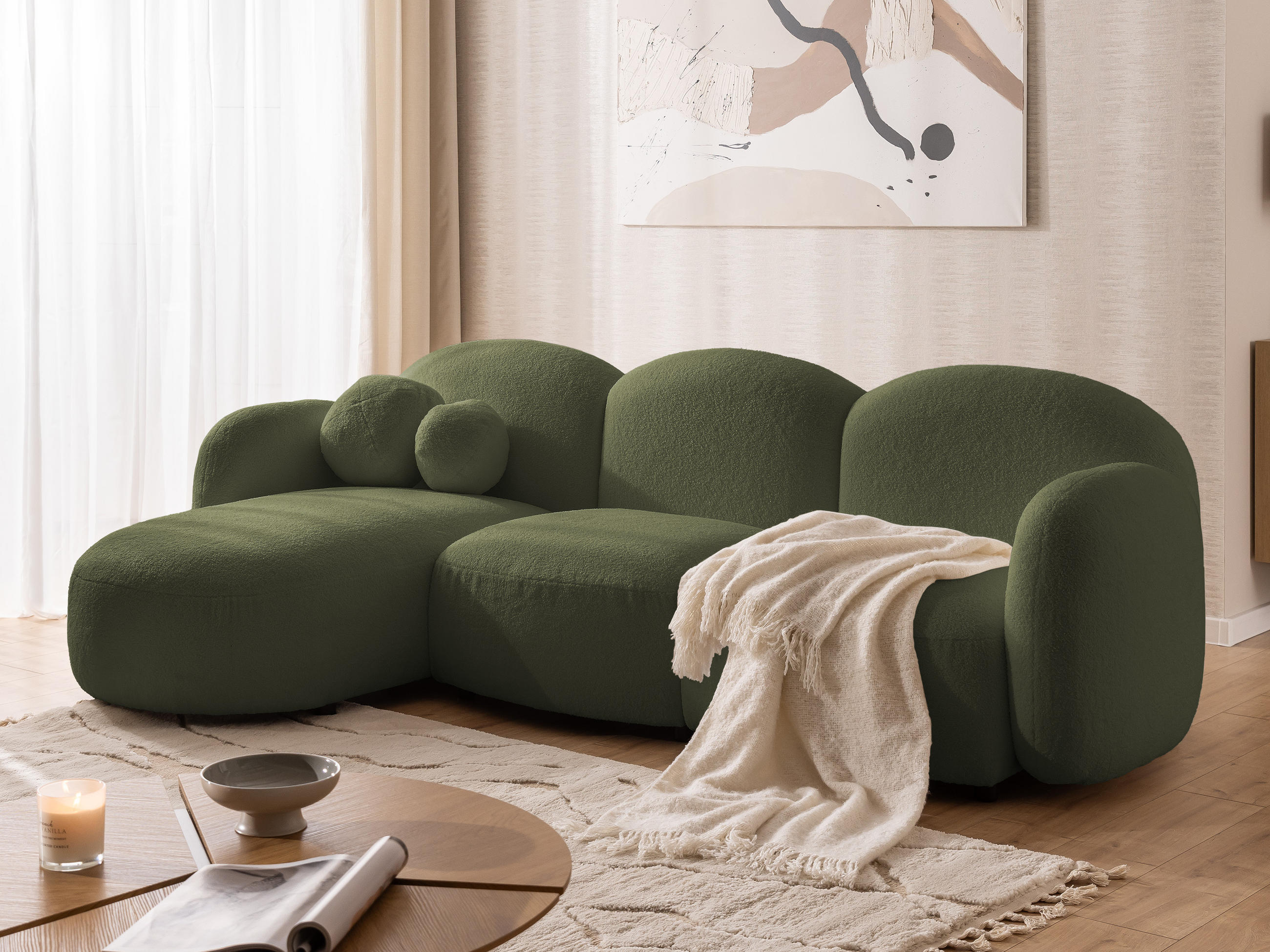 ECKSOFA Nuvola mit abgerundetem Design Grün Bouclé-Stoff - Ottomane Links - Schwarz/Grün, Holz/Kunststoff (268/146cm) - S-Style Möbel